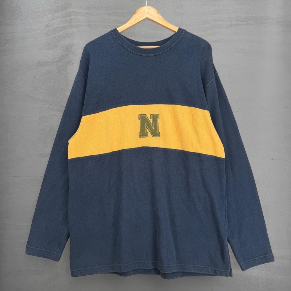 Vintage Nike Long Sleeve Sweater‎ Shirt Navy Blue Yellow Colorblock Y2K Large